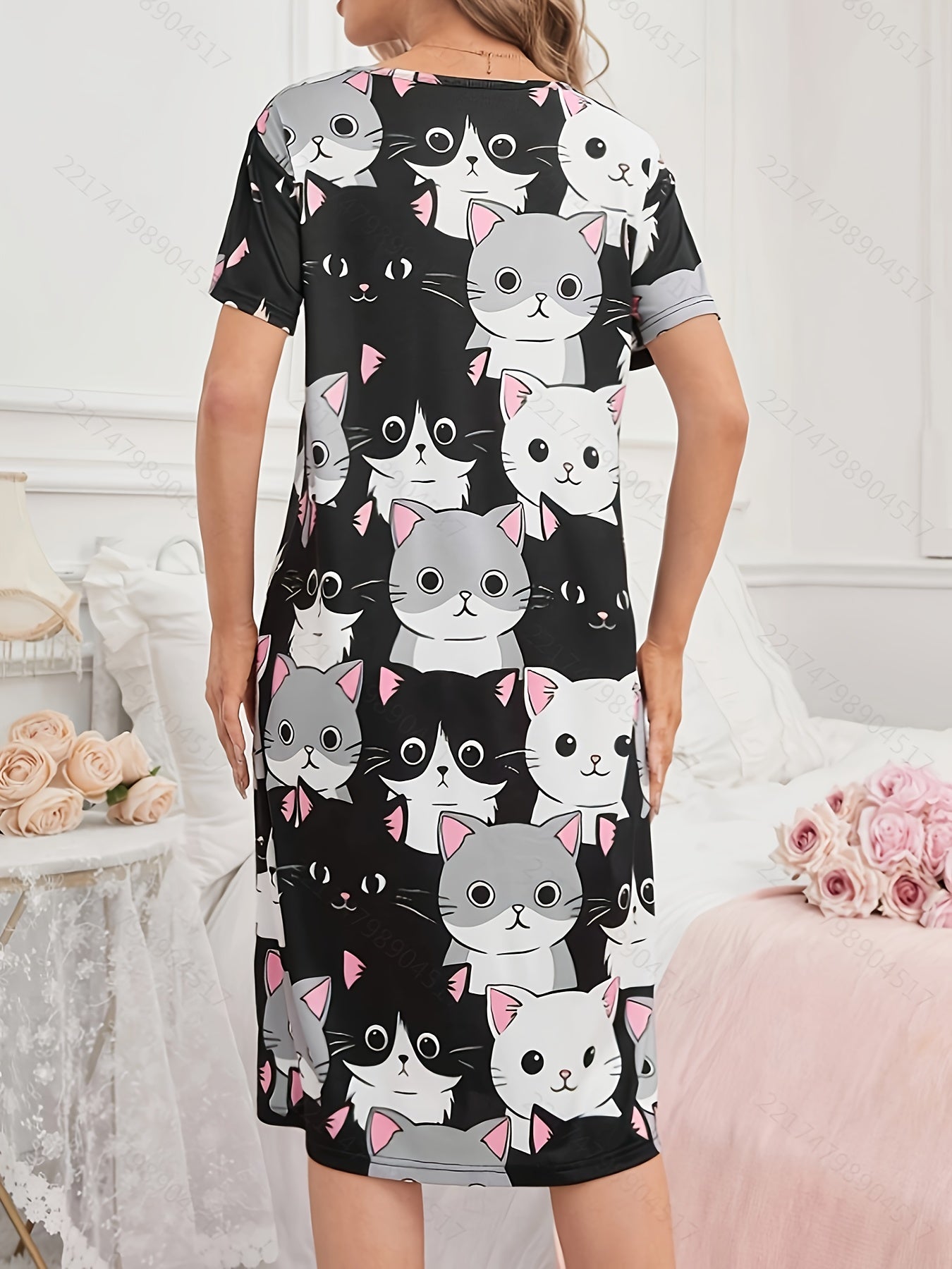 Women's knee-length sleep dress with cute cat print, made of soft polyester and elastane blend. Machine washable and perfect for all seasons.