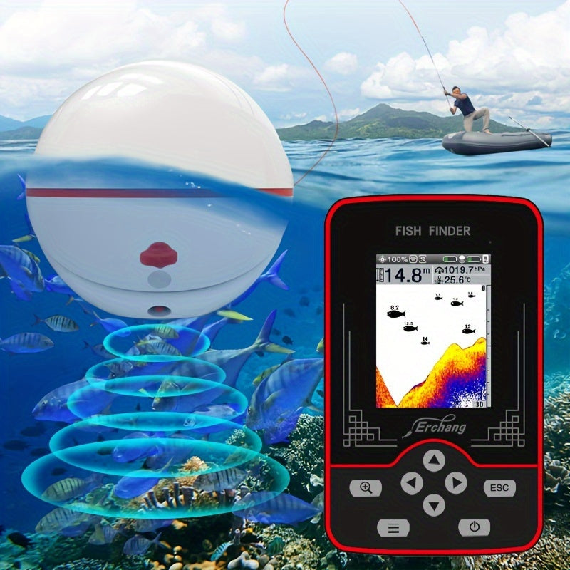 Erchang F13 Wireless Fish Finder Sonar with 60.96m range, rechargeable battery, LCD display, portable for various fishing environments in white and red design. Features fish location