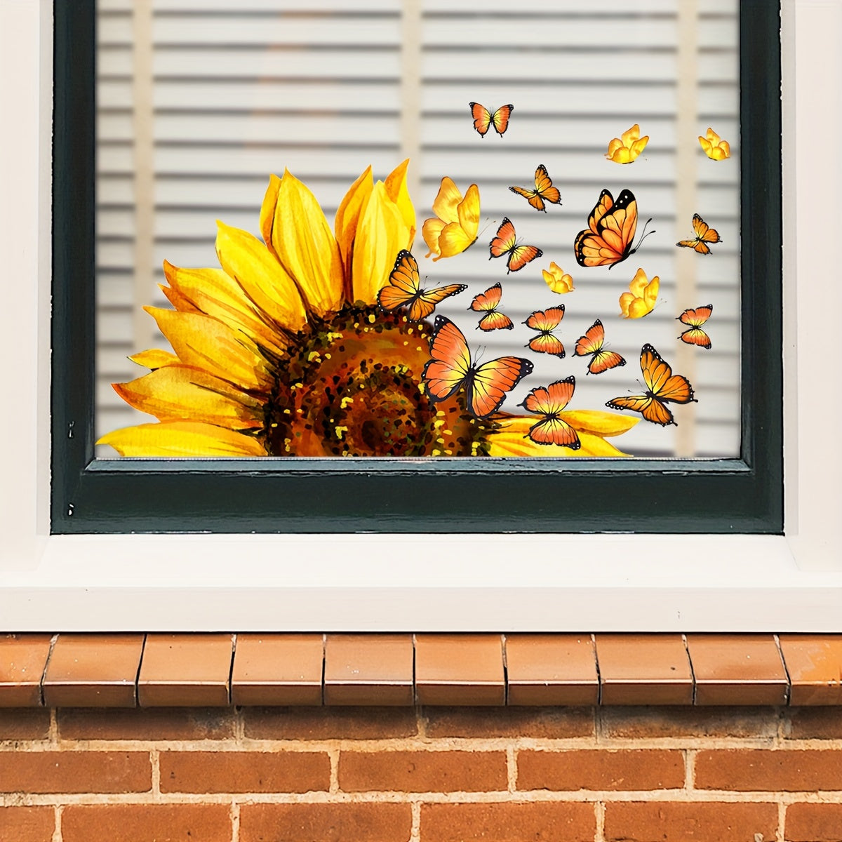 Double-Sided Window Decal featuring a Vibrant Sunflower and Butterfly Design - Made from Reusable PVC Sticker, 5mil Thick, Ideal for Bedroom and Study Glass Windows, Contemporary Floral Pattern, Adds a Butterfly Room Decor Touch.