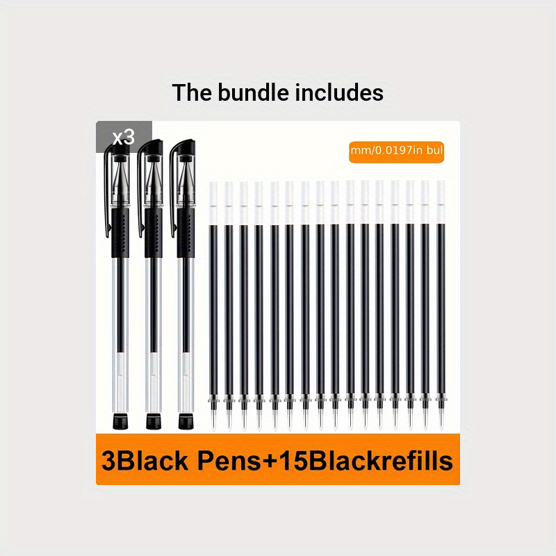 18-piece gel pen set in black, blue, and red ink colors, perfect for school or office use.