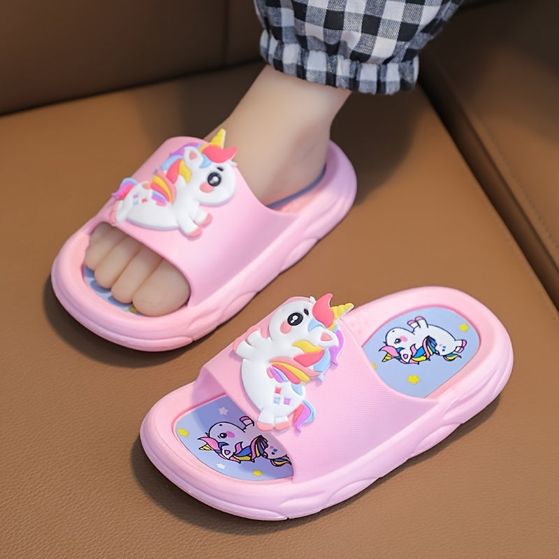 Girls' non-slip unicorn slippers for indoor use year-round.