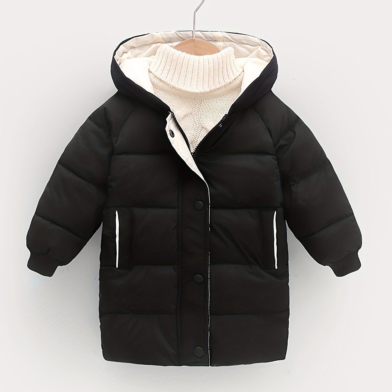 Unisex mid-length hooded padded coat with solid color polyester outerwear, crew neck, long sleeves, and zipper details. Ideal for fall/winter, perfect gift for kids.