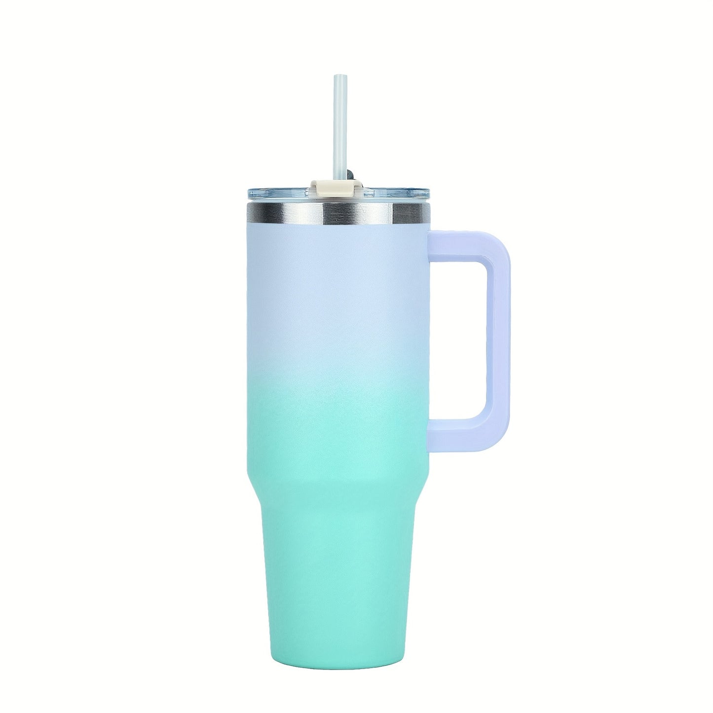 Stainless steel double-layer tumbler with handle, lid, and straw. Vacuum insulated for hot and cold beverages. Ideal for sports and outdoor activities.