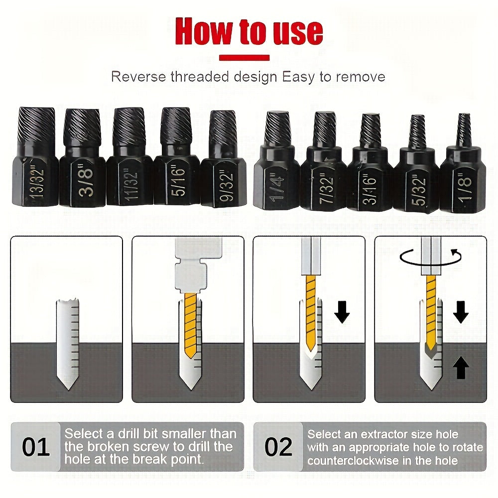 10 dona metall yong'oqni olib tashlash vositalari to'plami ichki hex bolt olib tashlash vositasi va ko'p tishli vintni olib tashlash to'plami bilan.