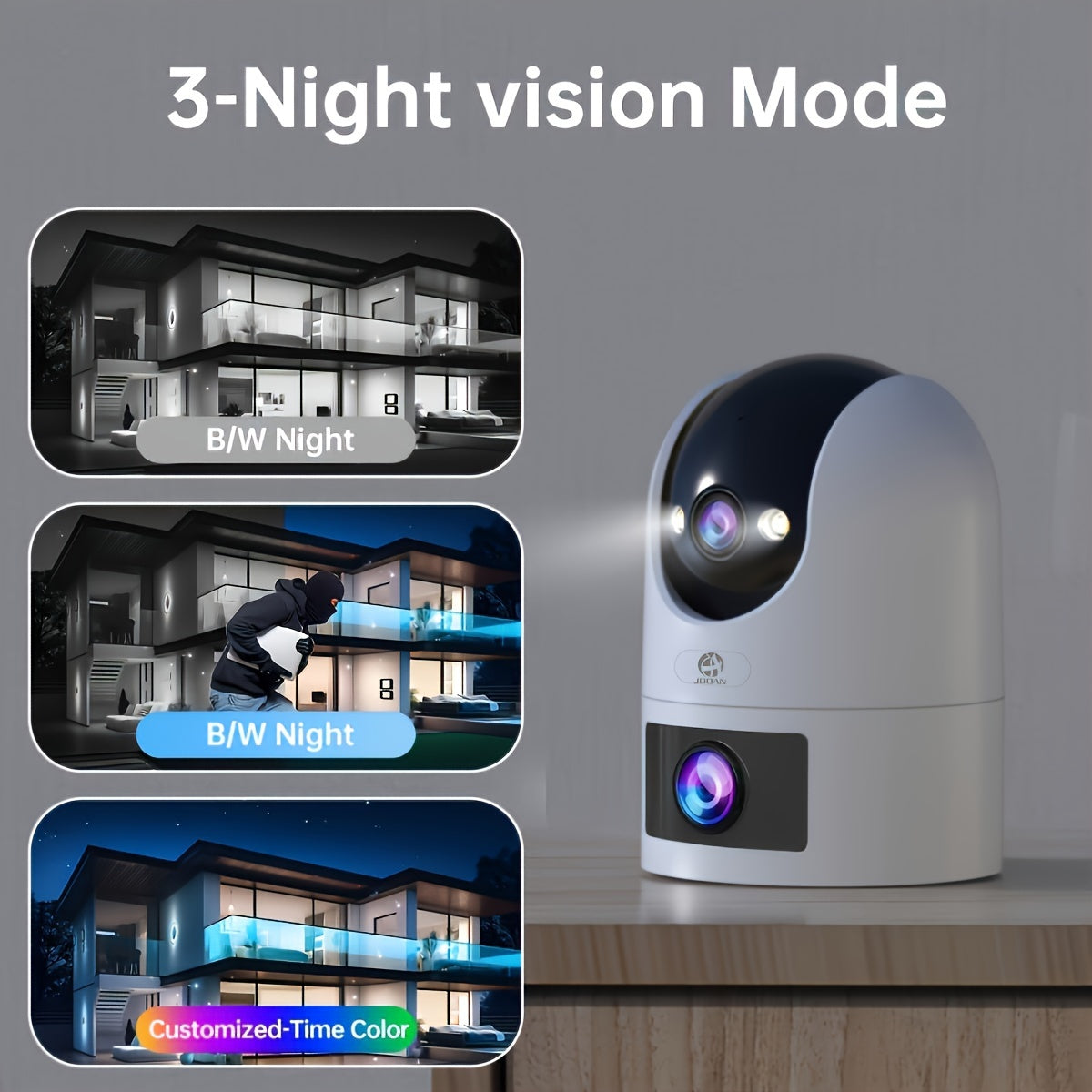 Enhance your home security with the JOOAN PTZ Dual Lens Camera featuring dual-screen display, 2.4G&5G connectivity, wall hanging option, crystal-clear 1296p video quality, two-way audio communication, convenient smartphone app control, perfect for indoor