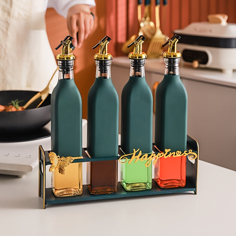 Set of elegant glass olive oil dispenser bottles, perfect for the kitchen. They are leakproof and must be hand washed. The set includes BPS-free square glass bottles with pourers, ideal for storing vinegar, soy sauce, and other seasonings. These bottles