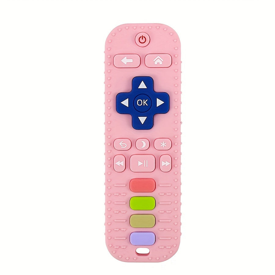 Soft silicone teether designed like a remote control, free of BPA. This baby chew toy is easy to clean and comes in a variety of multi-color options for ages 0-3 years. Comes as a single piece.