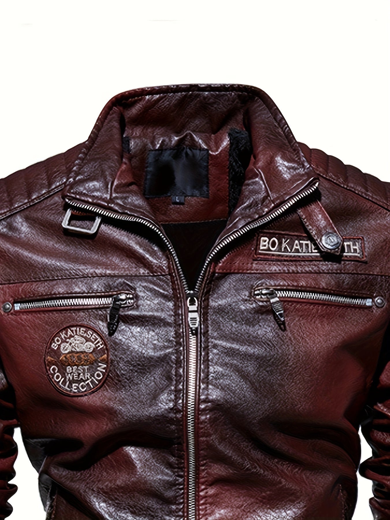 Men's stylish faux leather jacket with zippered pockets for autumn and winter.