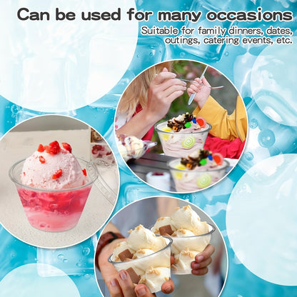 30 clear plastic dessert cups with dome lids for ice cream, pudding, cupcakes, and snacks. Disposable, recyclable, perfect for parties, weddings, picnics, and dessert displays.