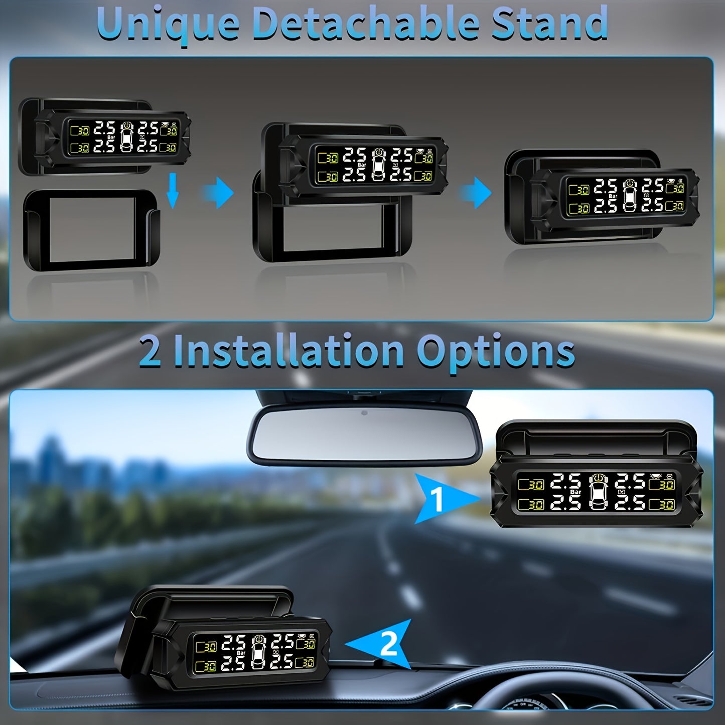 Solar-powered TPMS for accurate monitoring of wheel gas pressure, easily installed on vehicle glass.