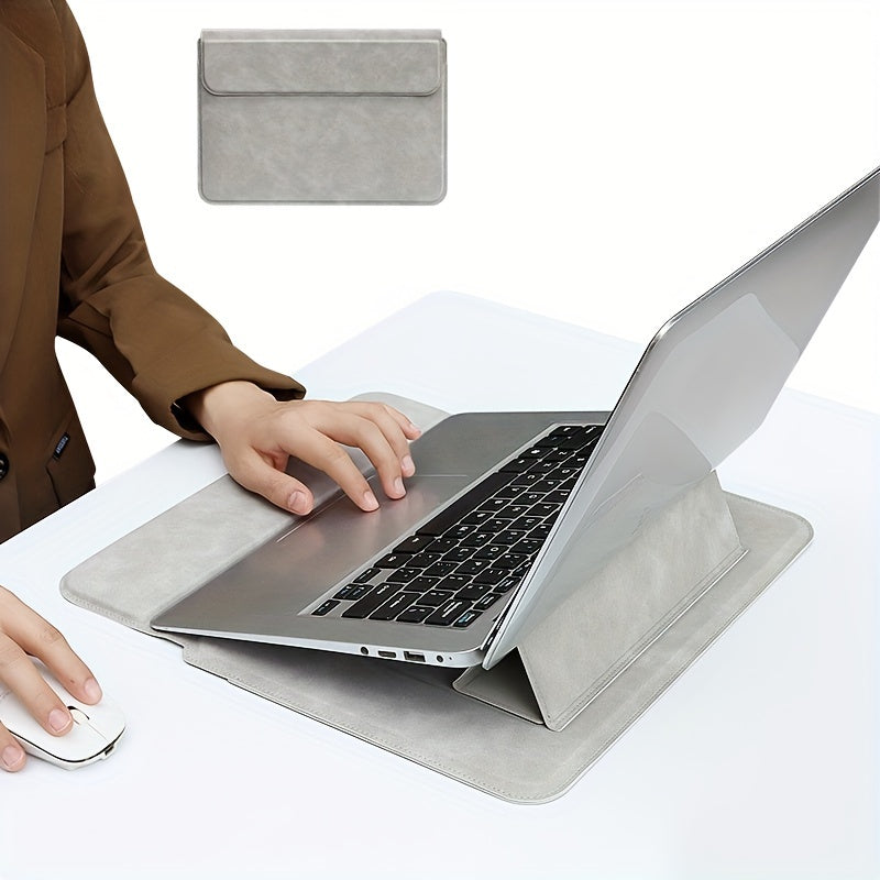 Leather laptop sleeve with stand, ergonomic and water-resistant, fits 13.3, 14.1 inch notebooks - solid pattern.