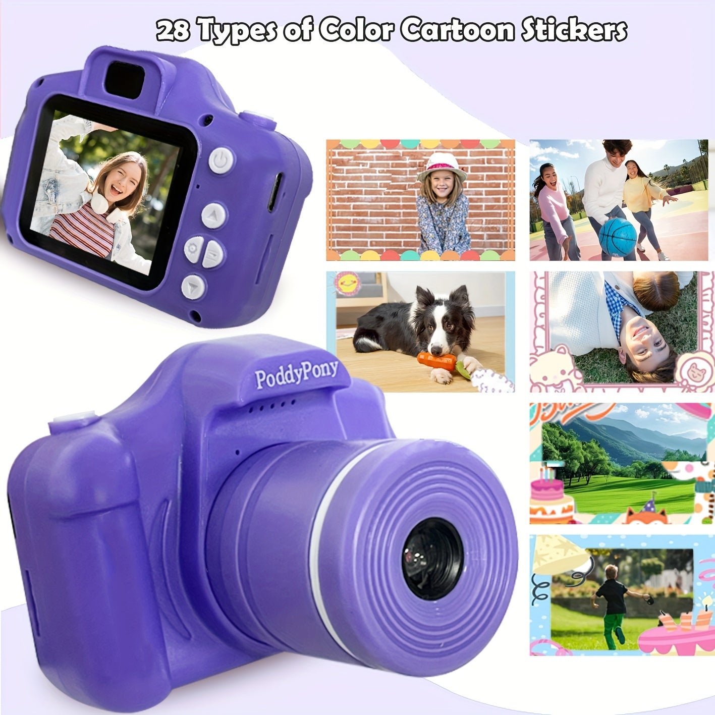 HD kids' camera with long lens - ideal gift for children 3-12, includes 32GB memory card, in pink/purple/blue/black options.