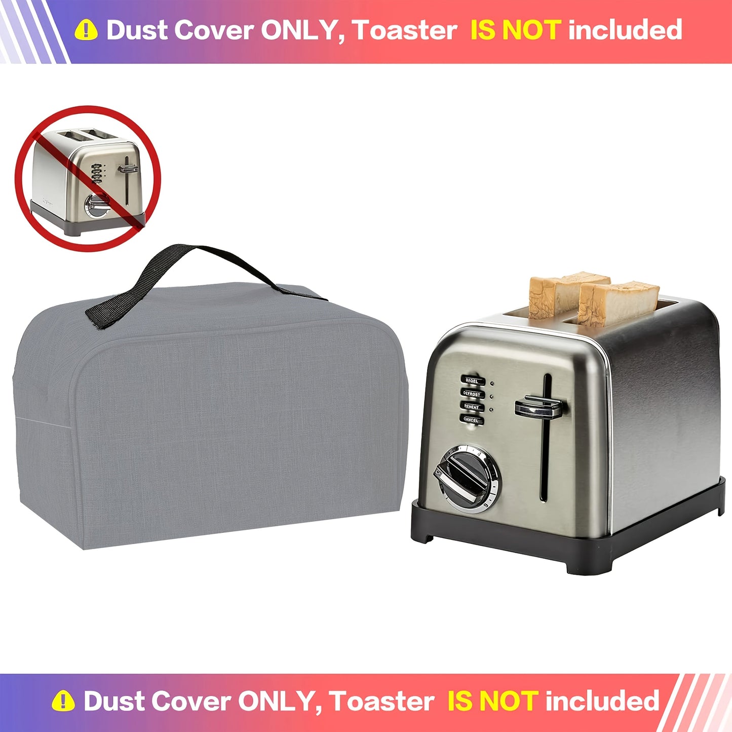 Protect your Cuisinart 2/4 slice toaster with this waterproof and dustproof gray cover. Features a pocket for storing jam spatula and toaster tongs. Cover fits only Cuisinart toasters.