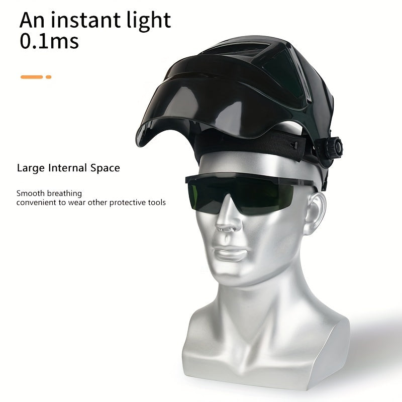 Automatic dimming LED welding face mask provides high-temperature resistance and 180° defense for welding activities.