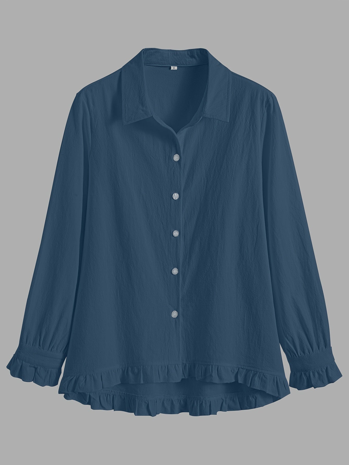 Loose-fitting collared shirt in solid color with front buttons and lace trim.