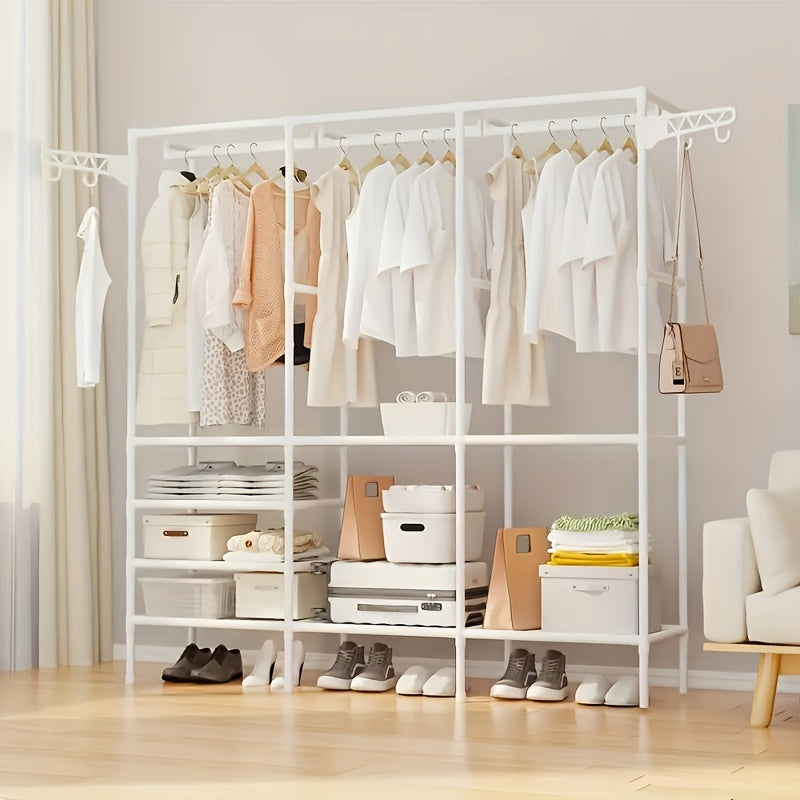 Metal storage cabinet with hooks, 3-tier organizer for coats, shoes, and accessories. Perfect for bedroom, hallway, and living room. Requires no electricity or battery.