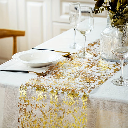 Golden foil linen table runner for special occasions like weddings, birthdays, banquets, and Christmas gifts.