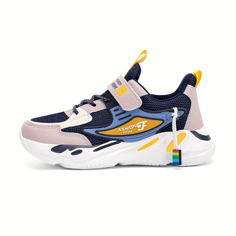 Boys' athletic sneakers with breathable, quick-dry design, non-slip sole, geometric pattern, and hook-and-loop closure - perfect for spring and summer sports.