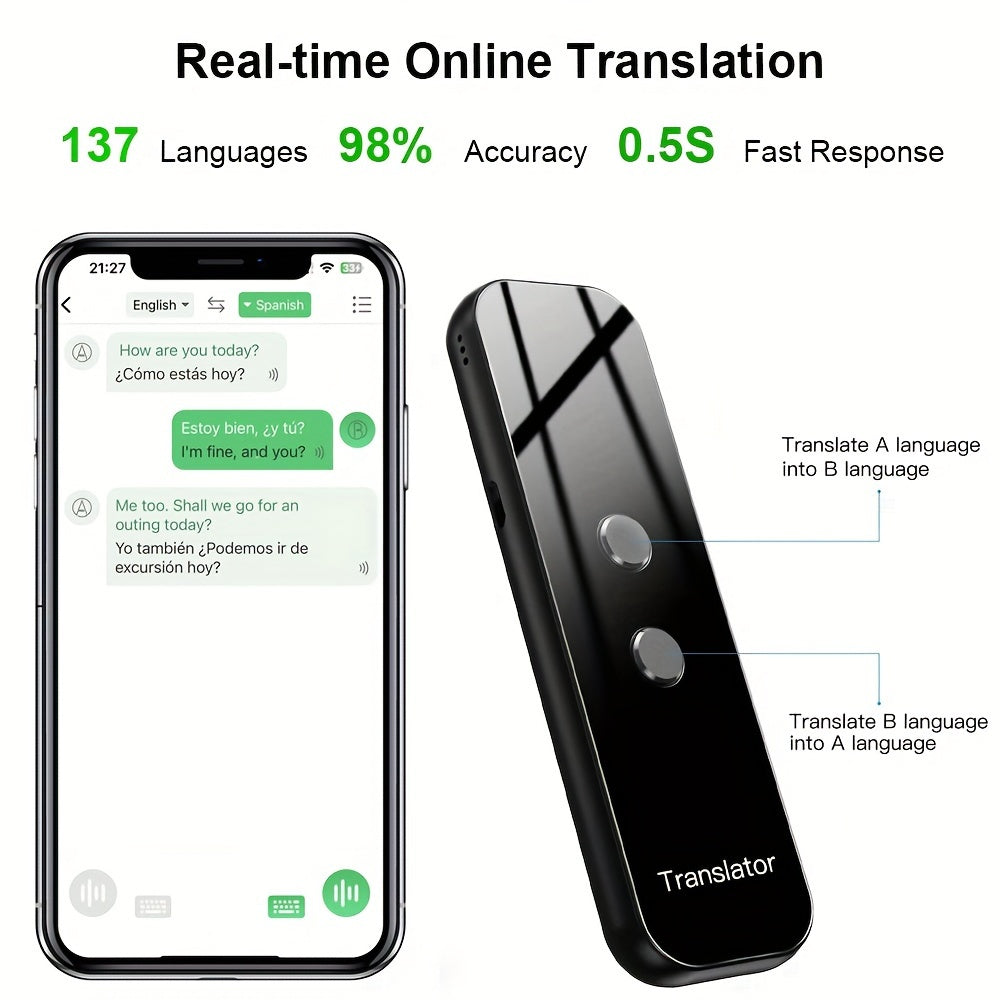 Compact language translator for travel, learning, and business, with USB charging, Wi-Fi capabilities, and a rechargeable battery.