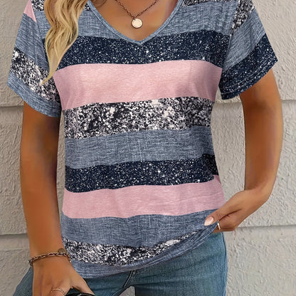 Plus size women's V-neck striped t-shirt with short sleeves and stretchy knitted fabric. Features a random print, perfect for spring, summer, and autumn fashion.