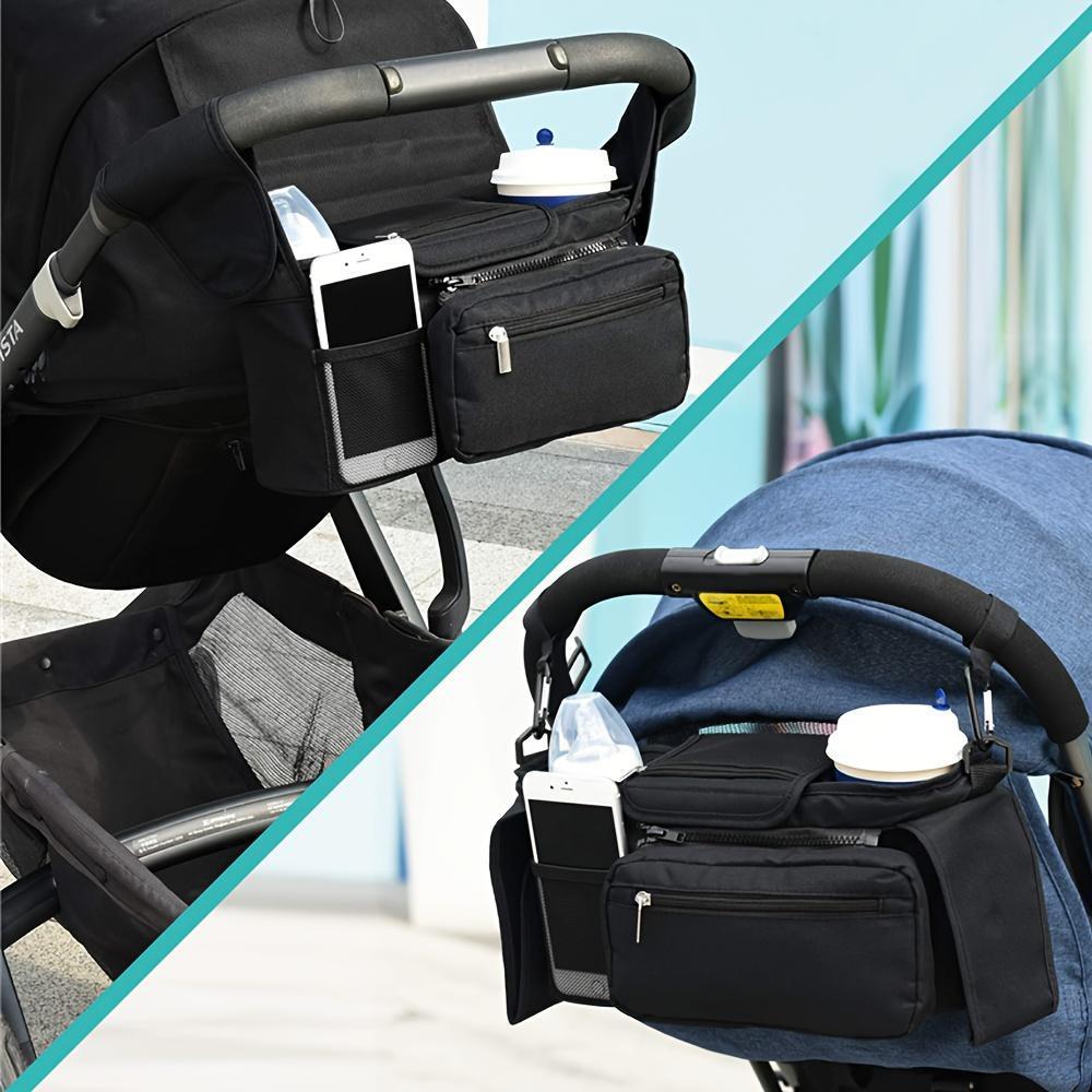 Multi-functional stroller organizer featuring an insulated cup holder, removable phone pocket, and shoulder strap - Compatible with Uppababy, Youngsters Jogger, Britax, BOB, and other strollers.