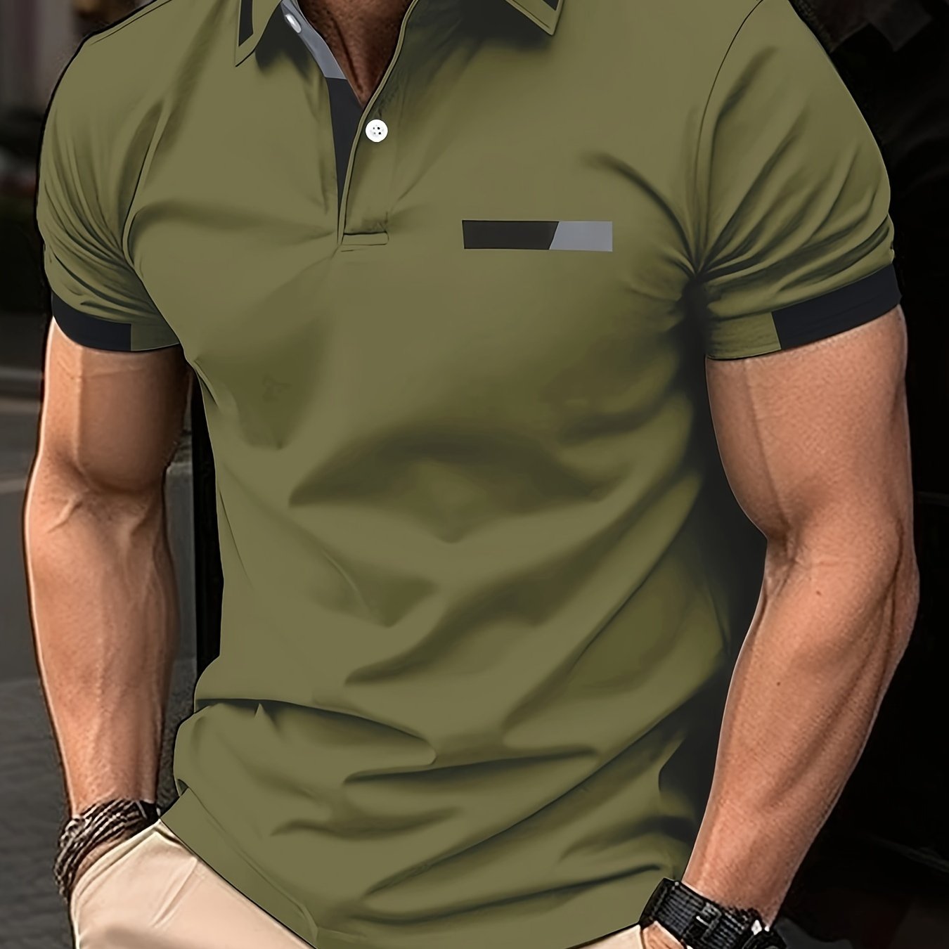 Men's short sleeve shirt with chest print, buttoned turnover collar, and thin summer style.