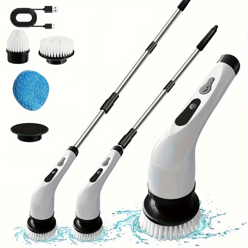 The Cordless Electric Rotating Washer comes with 9 replaceable brush heads and an adjustable extension handle. This 360-degree cordless cleaning brush is perfect for bathrooms, bathtubs, and tiles. Its powerful electric rotating floor washer makes