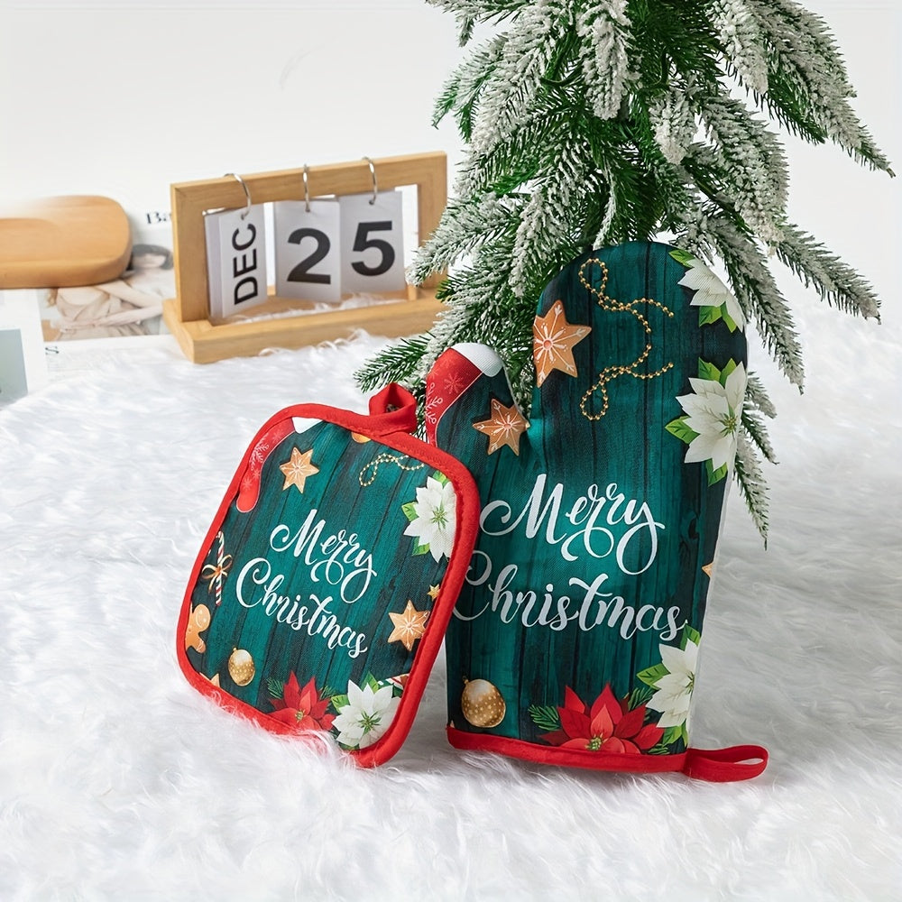 Set of 2 Christmas-themed kitchen oven mitts, made of thickened glass fiber gloves and heat-resistant pads. Perfect for festive cooking in the home kitchen, these accessories are non-food contact safe.