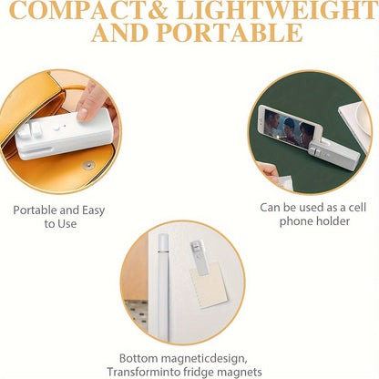 Introducing the WOSERLD 2 in 1 Mini Bag Sealer and Cutter! This handy tool features a rechargeable 12W ABS heat seal function, perfect for sealing plastic snack bags. The semi-automatic vacuum food sealer is portable with a magnetic design, USB charging