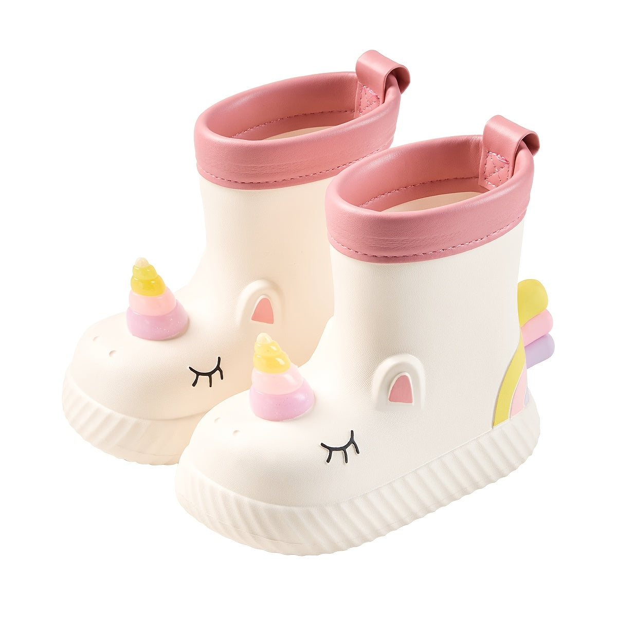 Waterproof Unicorn Cartoon Rain Boots for girls in Pink & White, ideal for outdoor play and school in fall/winter. Made from comfortable EVA material with non-slip soles.