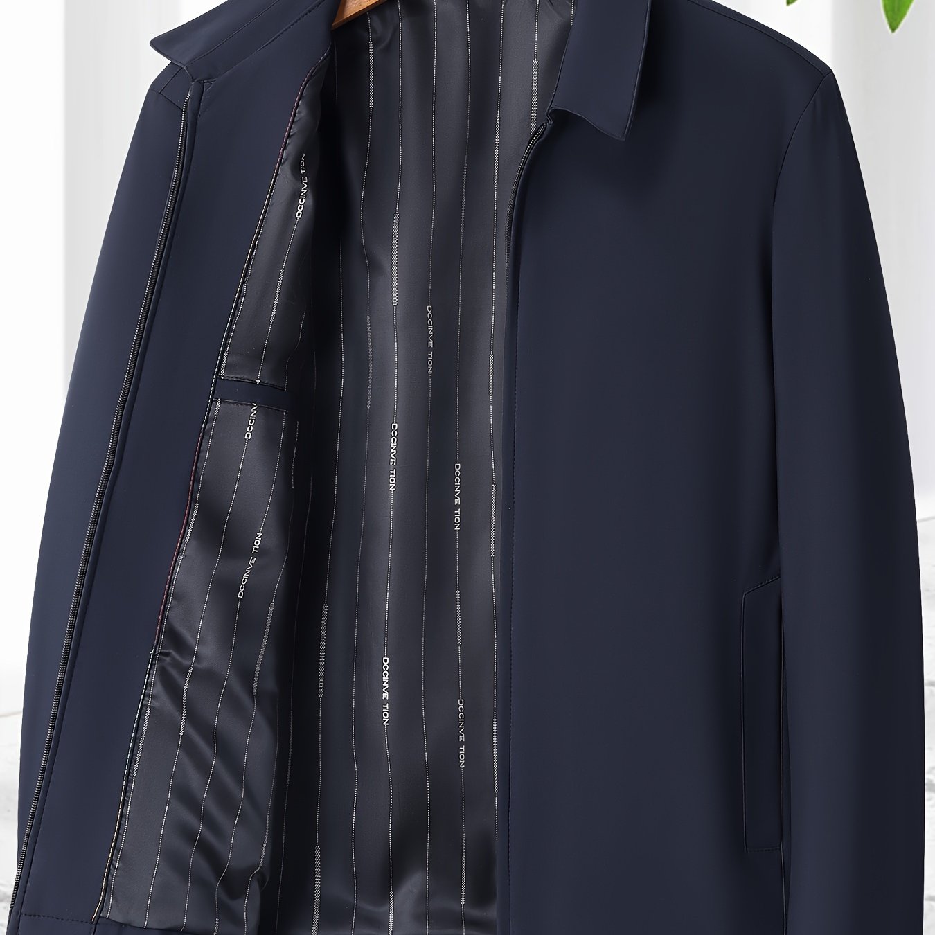 Men's casual solid color polyester jacket with lapel collar, zipper detail, and regular fit for spring/fall outerwear.