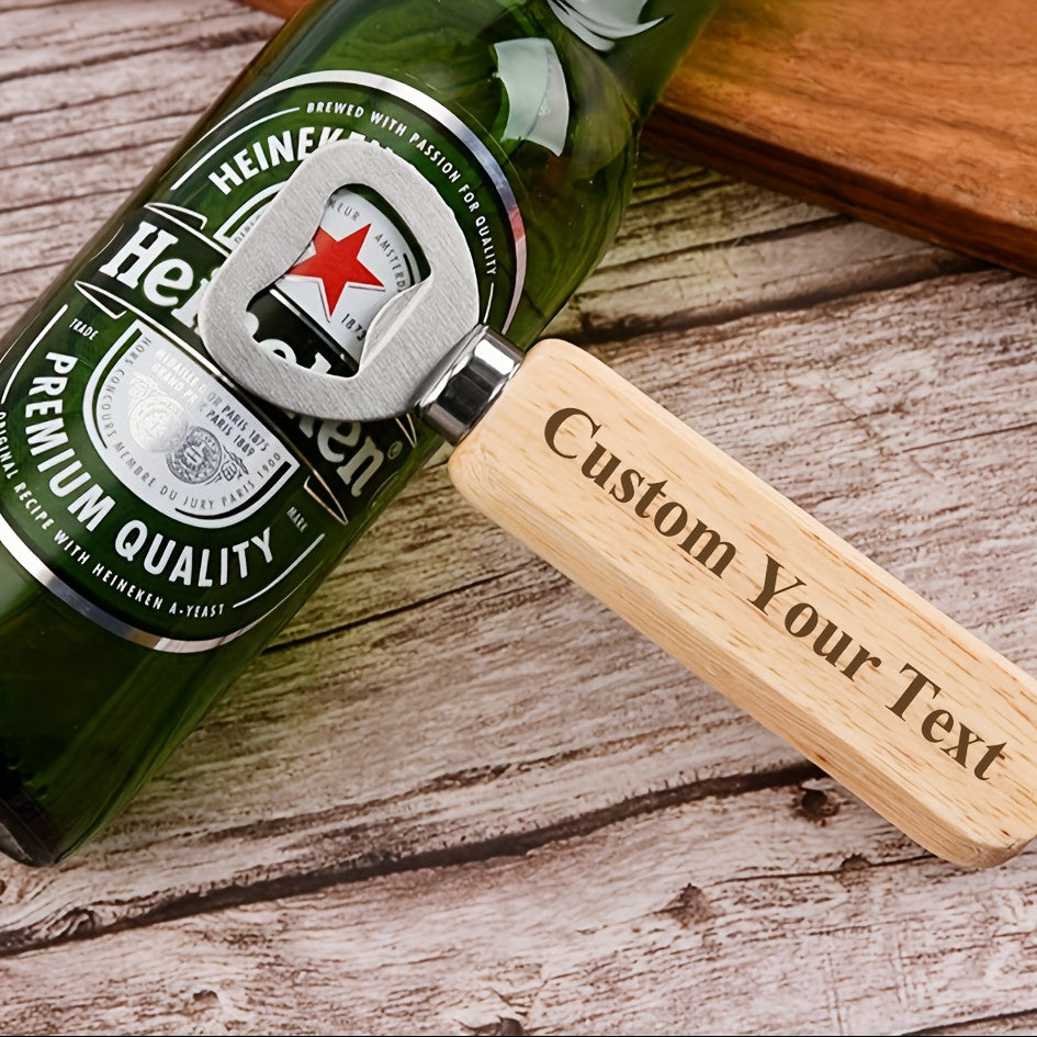 Custom engraved wood handle bottle openers ideal for various occasions, no power needed, perfect for gifting and promotion at events. Great for Christmas and Oktoberfest.