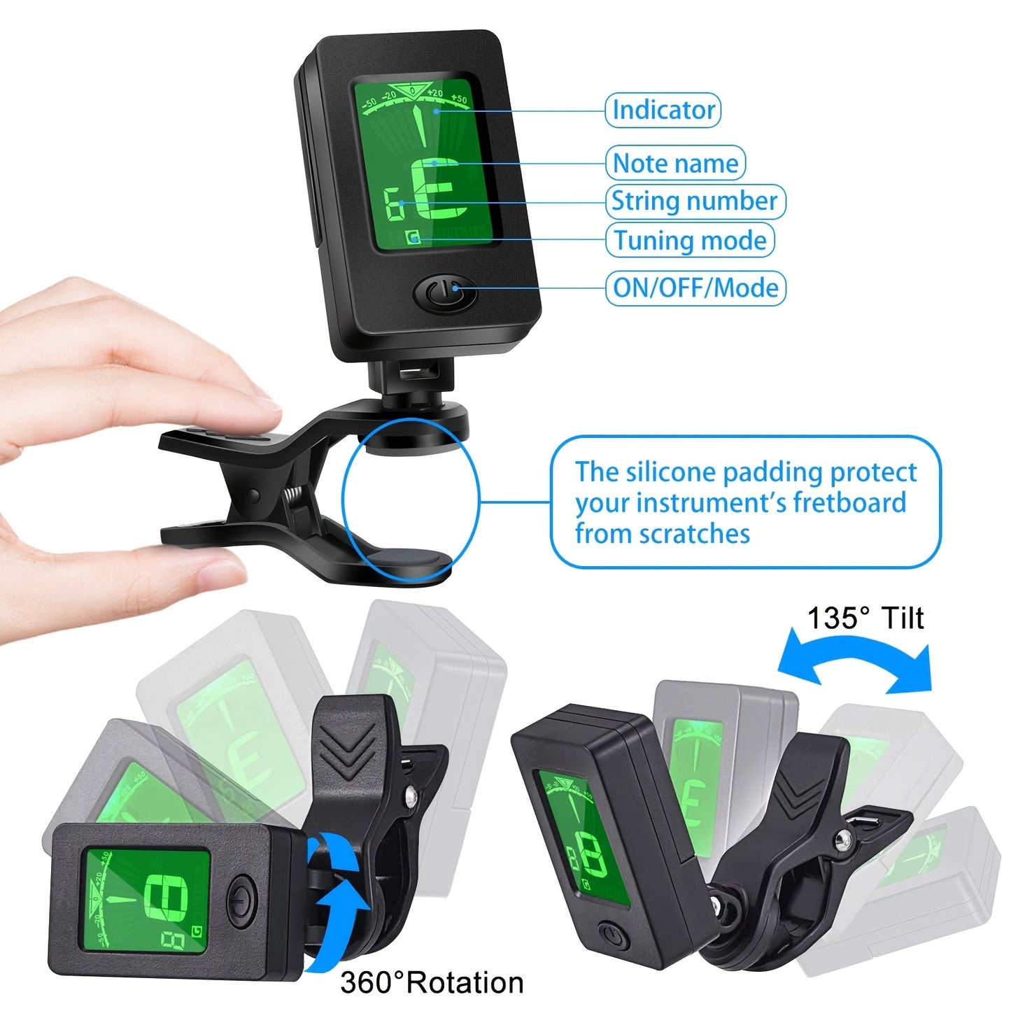 Guitar tuner with picks, capo, quick-release clip-on tuner for guitar, violin, bass, ukulele.