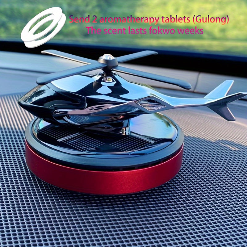 Solar-powered helicopter air freshener with rotating aluminum alloy aromatherapy diffuser in red/golden/silvery/blue, includes paper fragrance sheets for long-lasting delicate scent and car