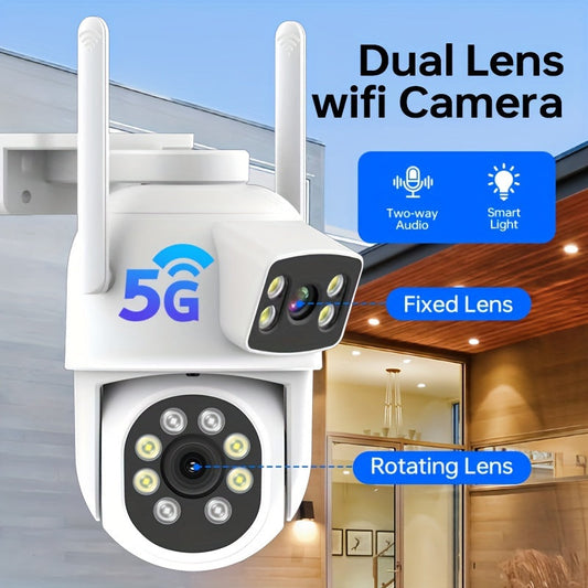 The Zhxinsd Dual Lens 1920P HD WiFi Smart Security Camera features app push notifications, two-way audio, video playback, motion detection, color night vision, and supports both 2.4G and 5G wireless connections. It can be used indoors or outdoors, is USB