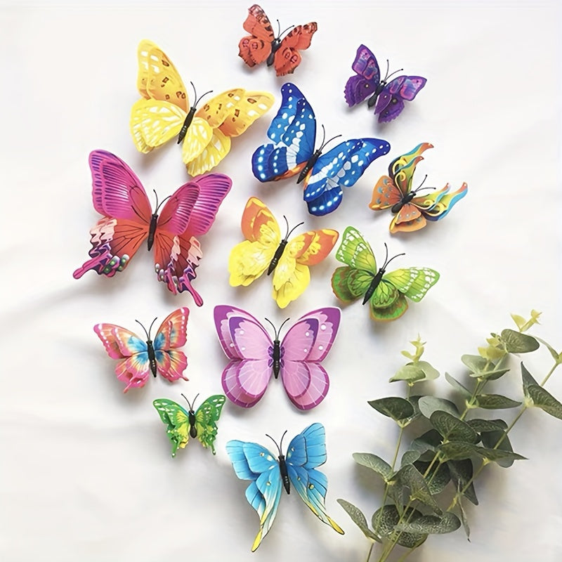 12 pieces of 3D magnetic butterfly wall stickers made of contemporary animal print PVC with a metal surface. They are self-adhesive, reusable, irregularly shaped, and have a matte finish. Suitable for home and kitchen decor.