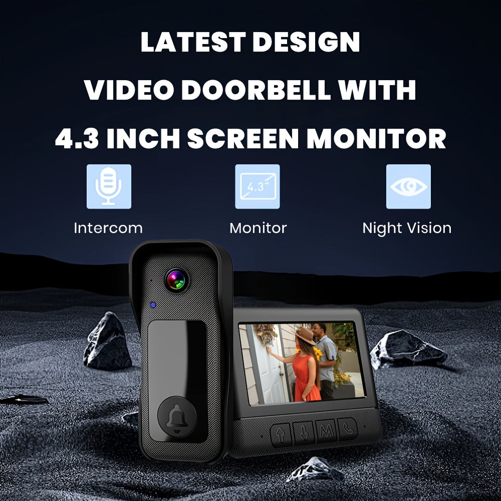 Wireless doorbell camera with monitor featuring sleek black design, HD night vision, two-way audio, photo & video recording, touchscreen & app control, voice changing feature, and easy