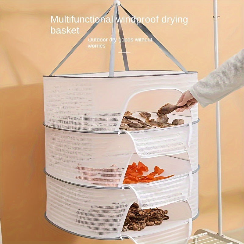 The 3-Tier Collapsible Drying Net is a versatile outdoor basket perfect for drying clothes and foods. It features a zippered design and anti-mosquito mesh pocket, making it ideal for drying shrimp, fish, fruits, vegetables, and herbs. Available in white