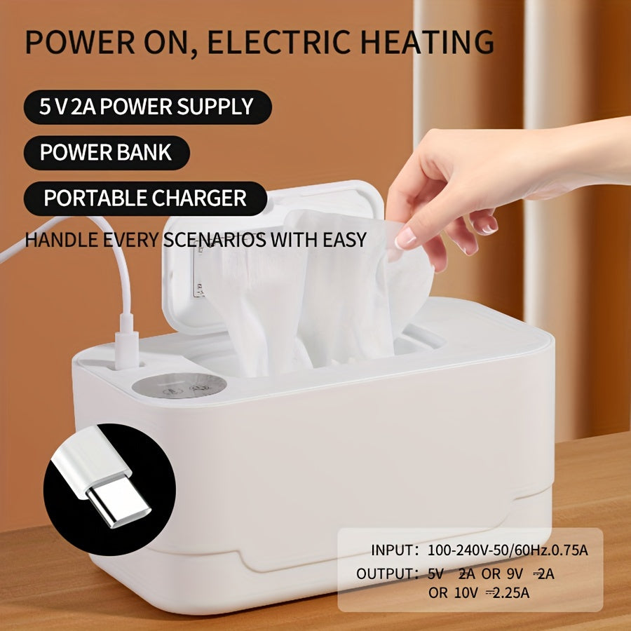 Portable wipes warmer with constant temperature insulated dispenser, featuring a 10W power USB heating box, three-speed temperature adjustment from 55-65 degrees.