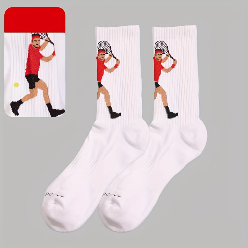 Men's tennis sports socks in cotton blend knit fabric with cartoon print. Suitable for football, tennis, fitness in all seasons. Unisex couple socks in European and Japanese style. Hand