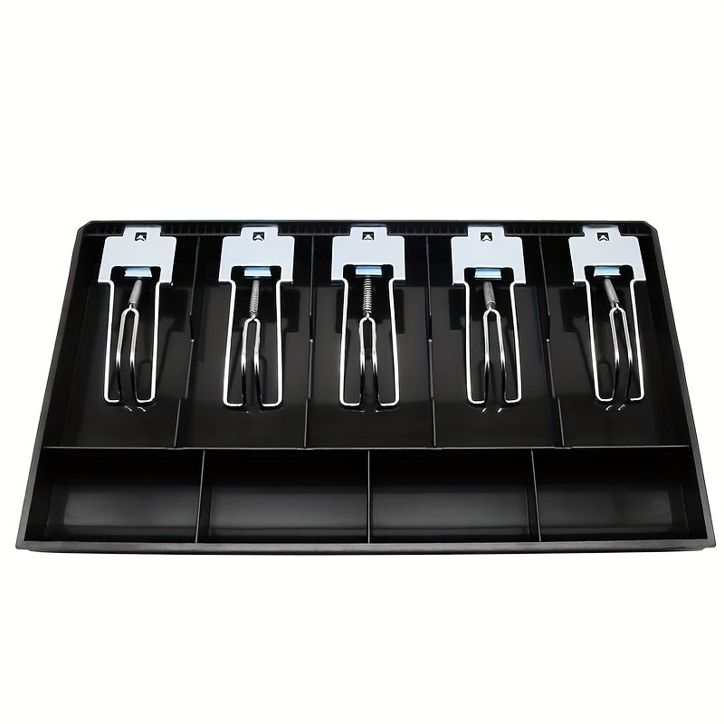 Upgraded metal cash register drawer insert tray with 5 bills/4 coins slots, black.