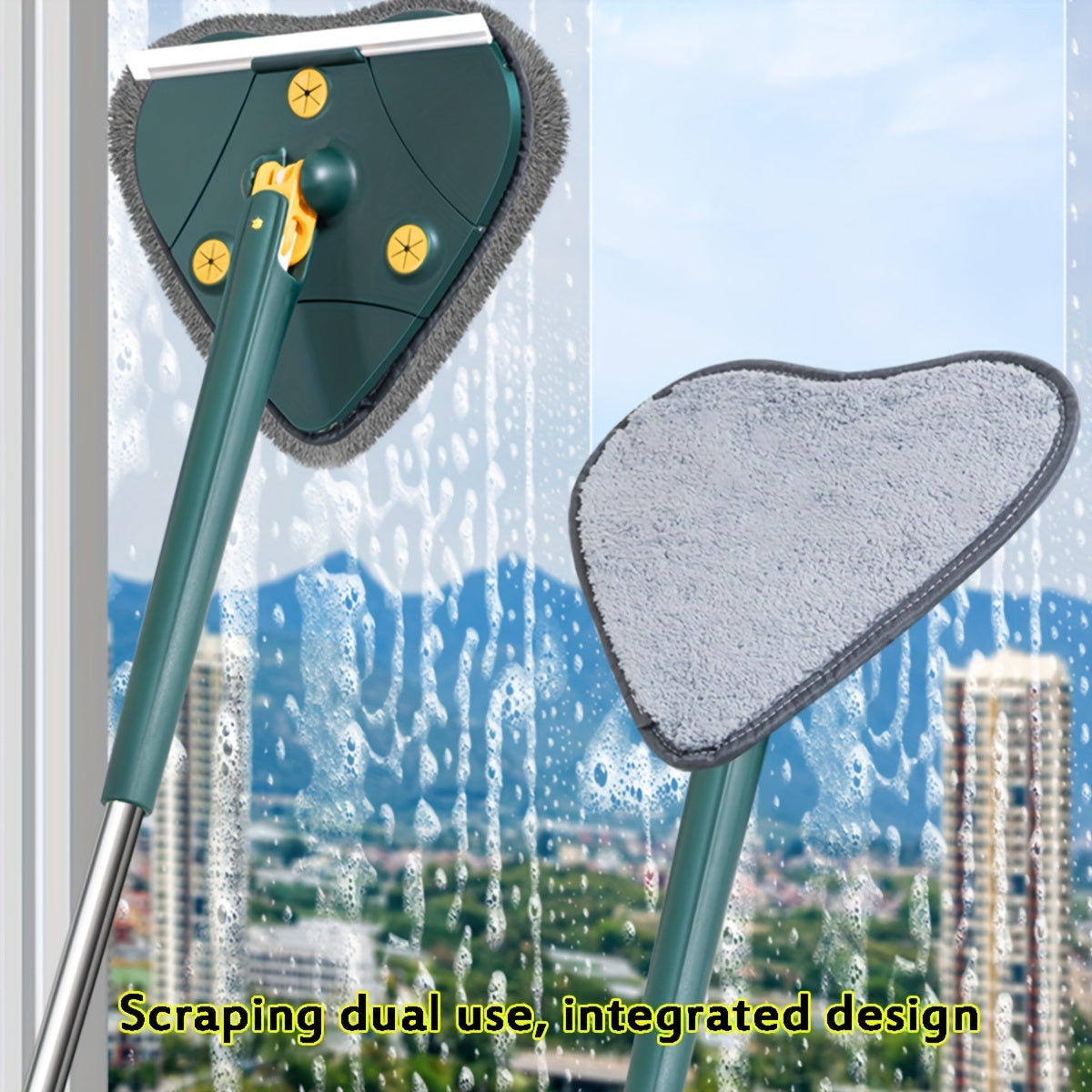 Extendable squeegee with integrated scraper and mop. Hands-free wringing flat mop for household, bathroom, kitchen, glass, and floor cleaning. Love heart shape design. Made of plastic and stainless steel. versatile and multipurpose cleaning tool.