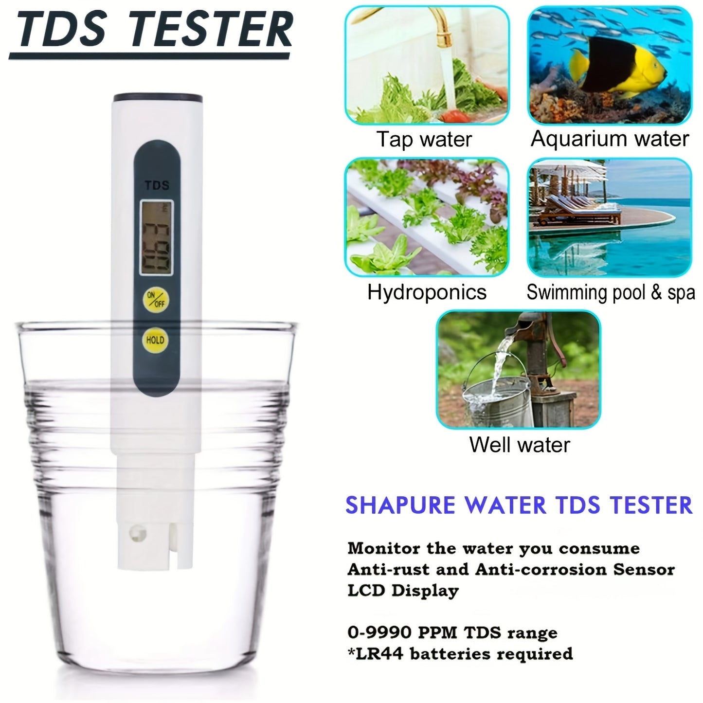 PH TDS Meter Digital Tester Pen for Monitoring Water Quality in Aquariums, Pools, and Spas.