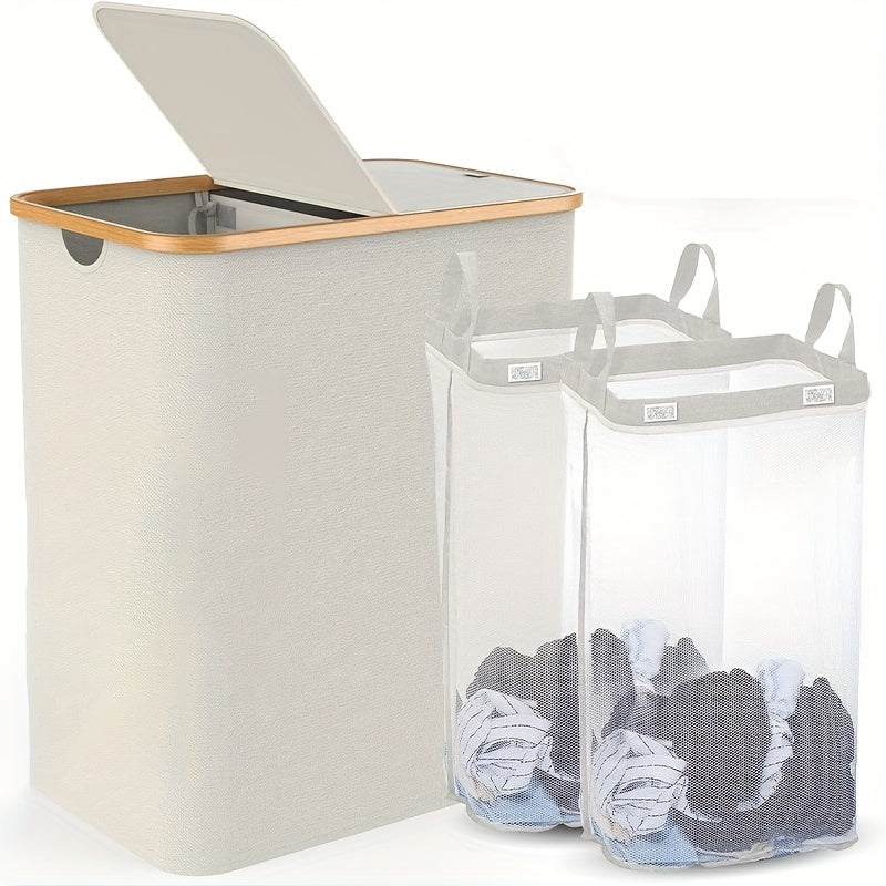 Large laundry hamper with lid and two detachable bags, perfect for organizing dirty clothes in laundry rooms, bathrooms, and dormitories. This foldable laundry basket is ideal for home organization and back to school supplies.