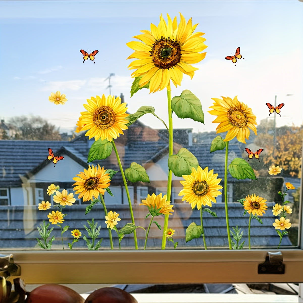 Modern Sunflower and Butterfly Window Film, Static Cling Vinyl Decals, Reusable PVC Stickers, 5mil Thickness - Clear Double-Sided Visual Design, Decorative Glass Cling for Home and Office (1 Set, DJ2053)