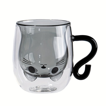 Double-walled glass coffee mug with cat design - reusable cup for hot and cold drinks - ideal gift for birthdays or holidays.