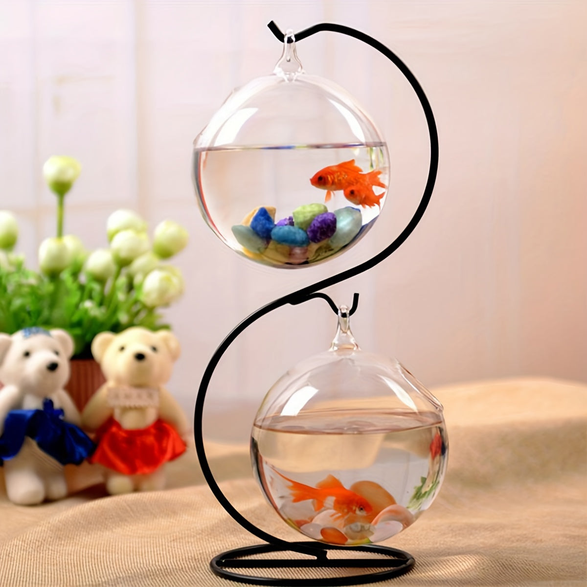 Creative hanging fish tank with stand and two small glass tanks, tabletop mini aquarium.