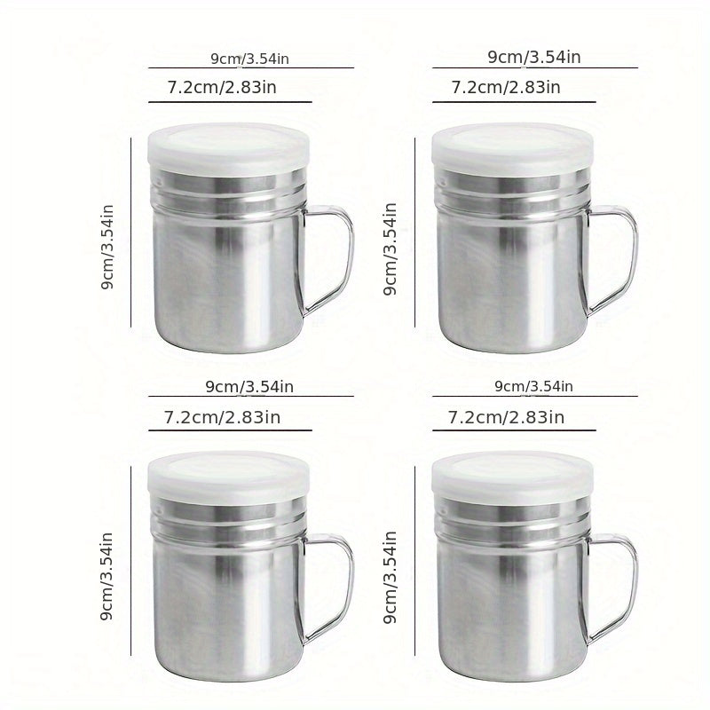 Multipurpose stainless steel spice jar with handle and lid, perfect for storing sugar, cinnamon, pepper, salt, and spices in homes, cafes, and restaurants.