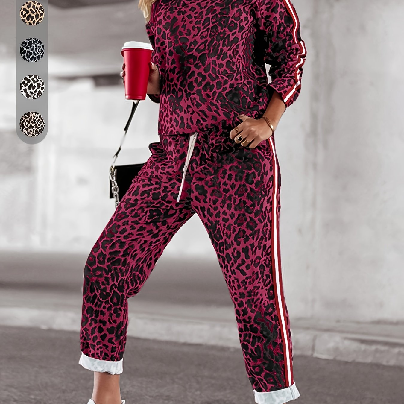 Women's two-piece set for spring and autumn, featuring a soft and comfortable long sleeve top and pants with a loose fit and stylish leopard print. Ideal for commuting with added pockets.