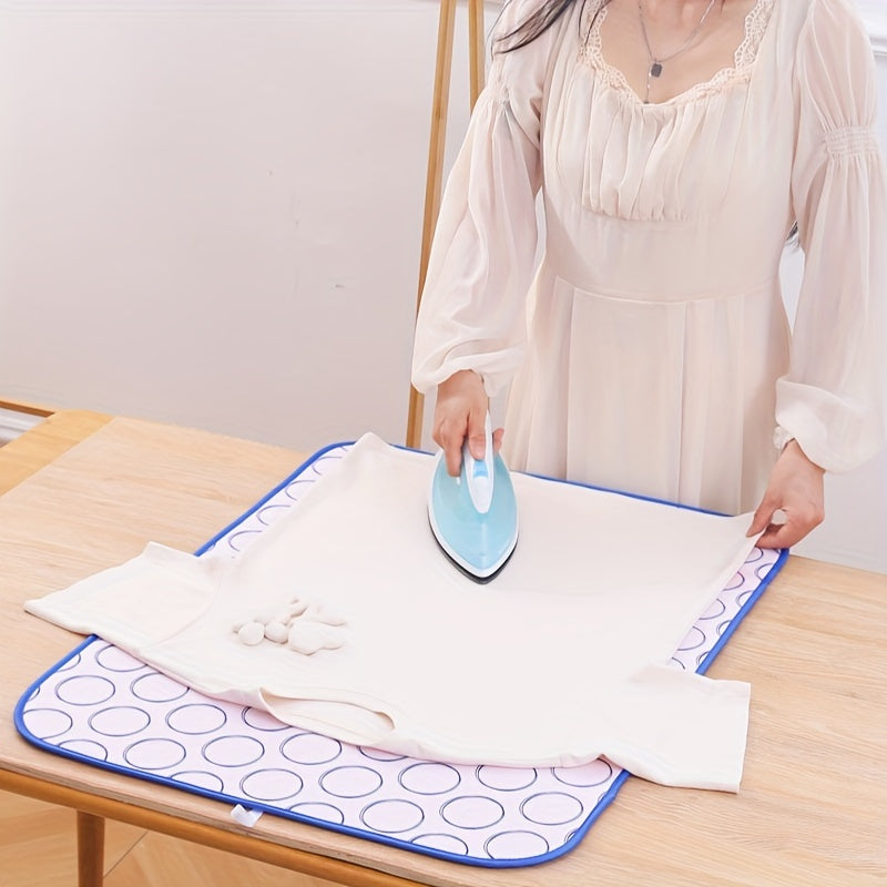 Set of 2 items: Ironing mat and silicone iron rest pad that are foldable and can withstand high temperatures. The ironing mat is 6-layer thick, heat-resistant, waterproof, and has a non-slip surface suitable for both home and travel use. It can also be